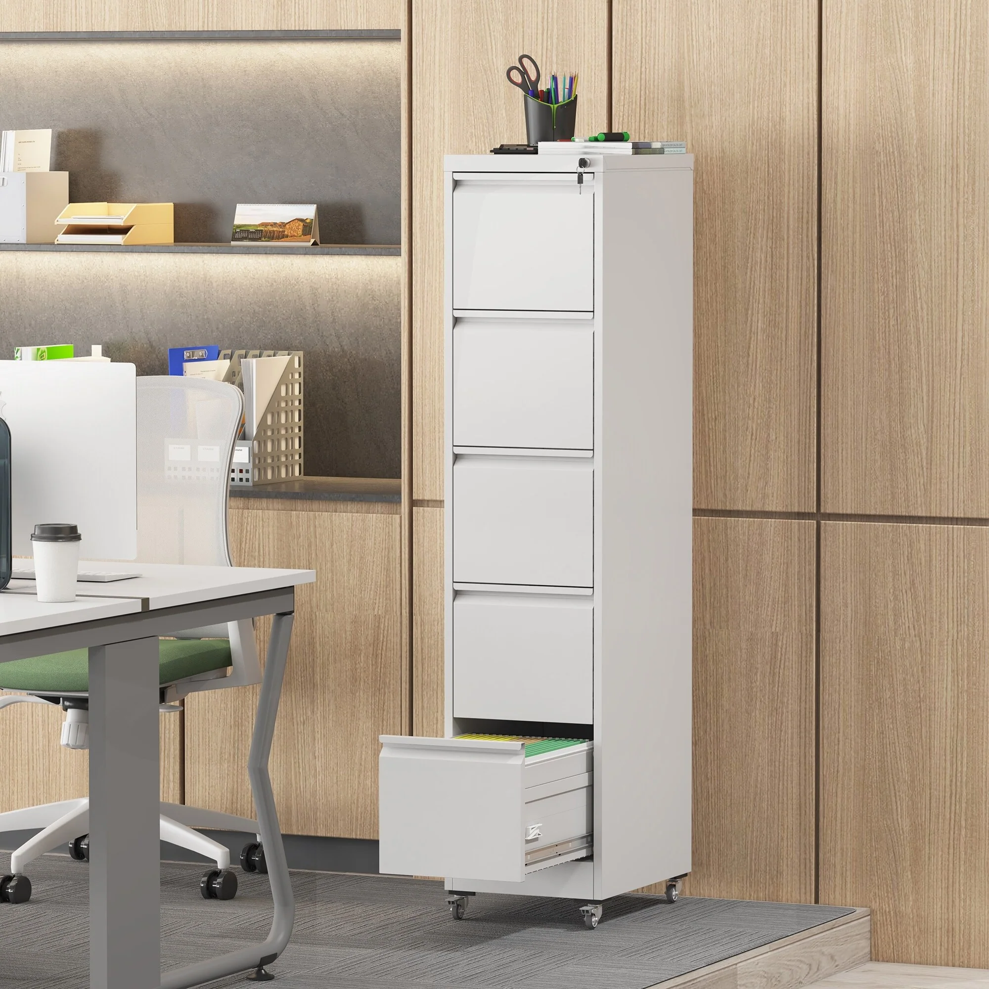 Versatile Lockable Metal File Cabinet with Mobility and Storage Capacity