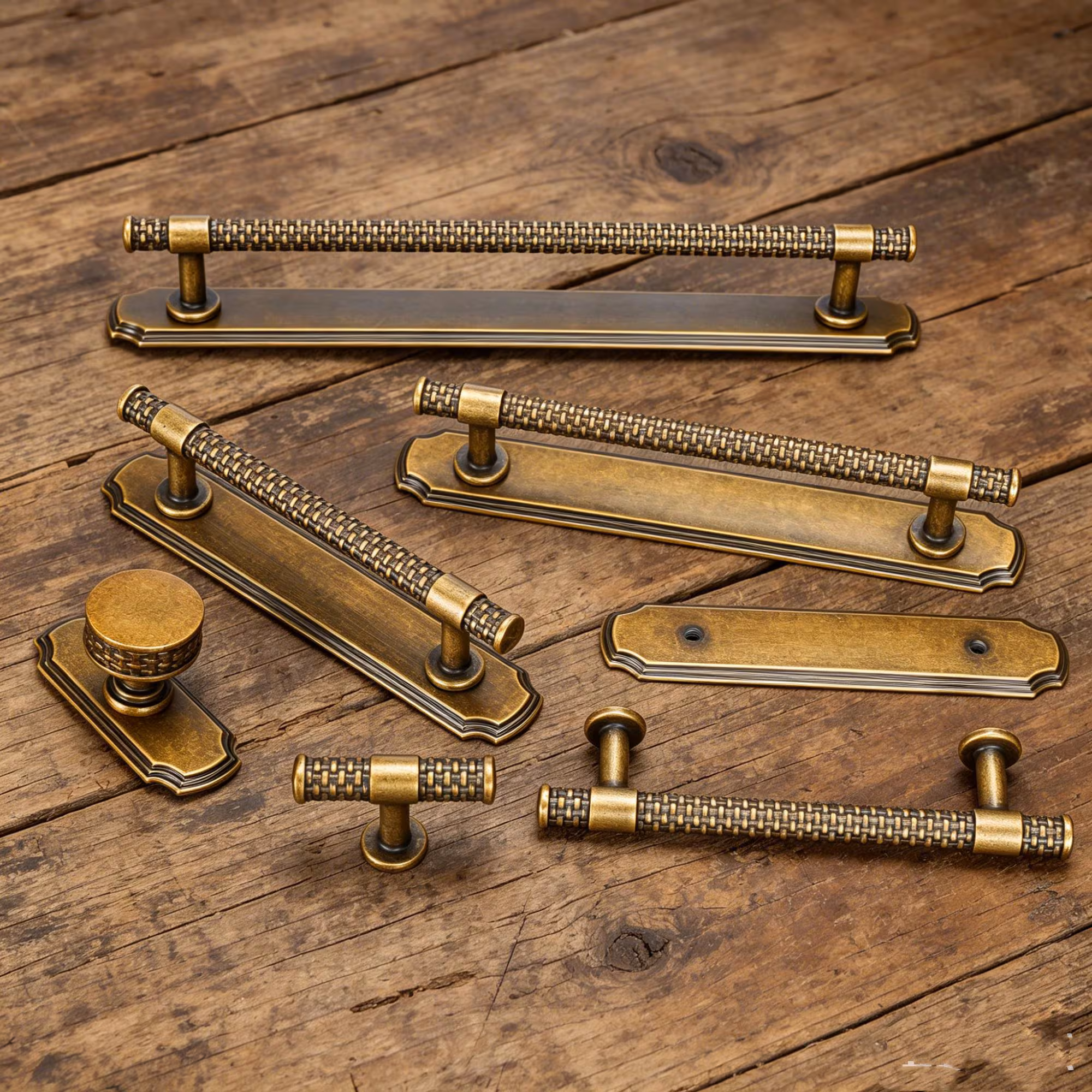 Antique Brass Kitchen Cabinet Pulls, Vintage Bronze Drawer Handles with Backplate, Rustic Cupboard Pulls