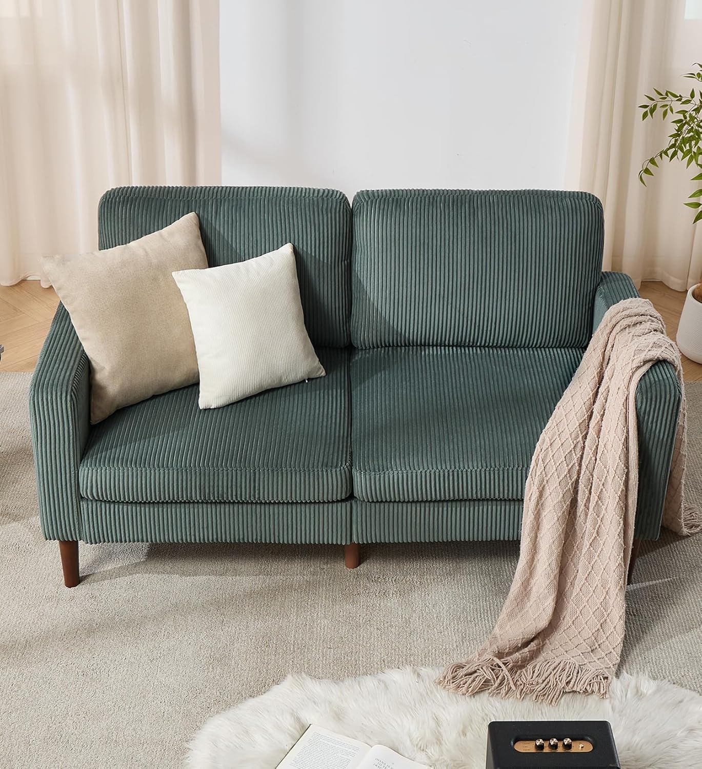 Kingfun 65 Corduroy Loveseat Sofa, Upholstered Sofa with Spring, Modern Sleek Couch for Living Room & Bedroom for Small Spaces, Green
