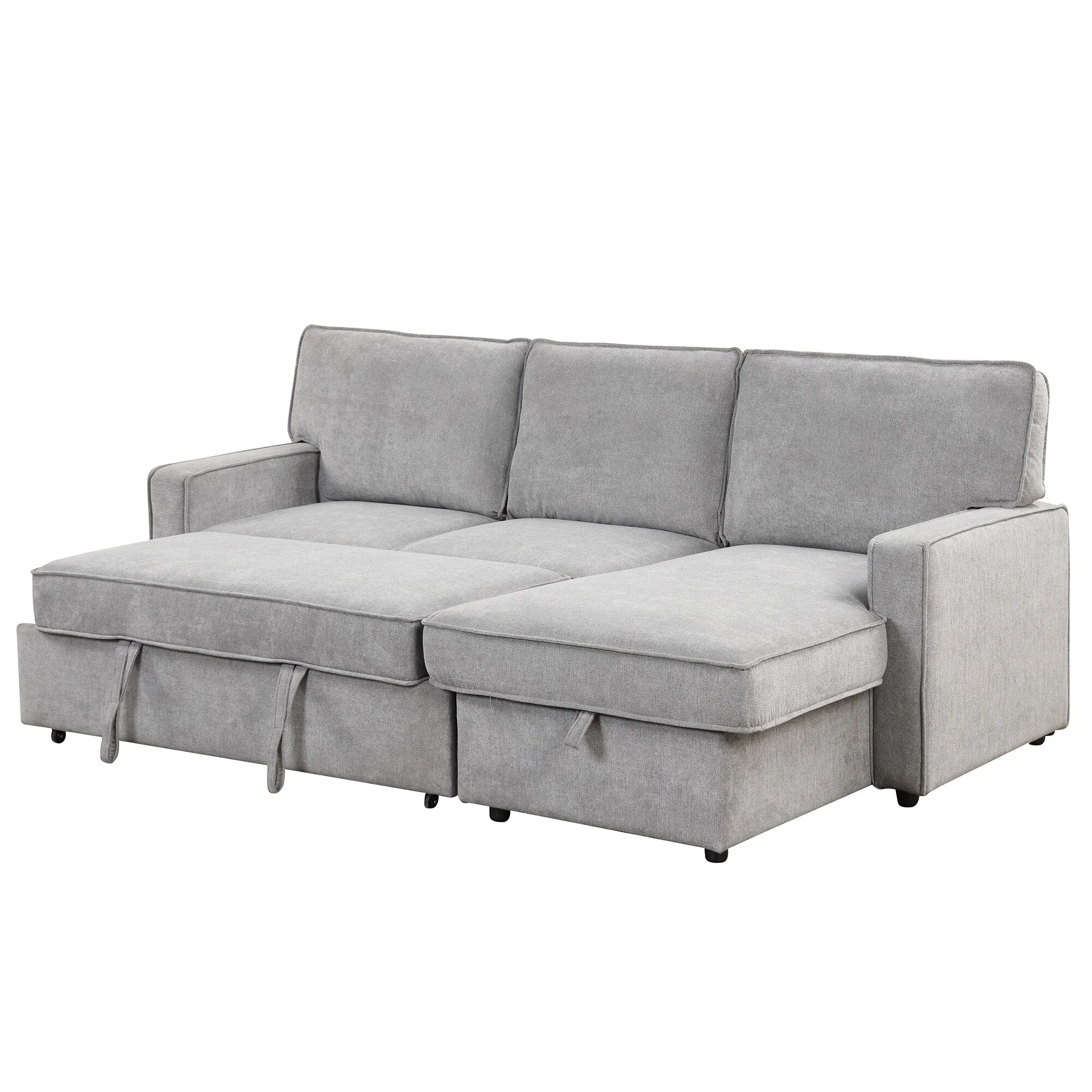 Grey 89'' Polyester Sleeper Sofa, 3-Seater with Pull-Out Bed, Storage Ottoman, USB Port, and Built-In Cup Holders