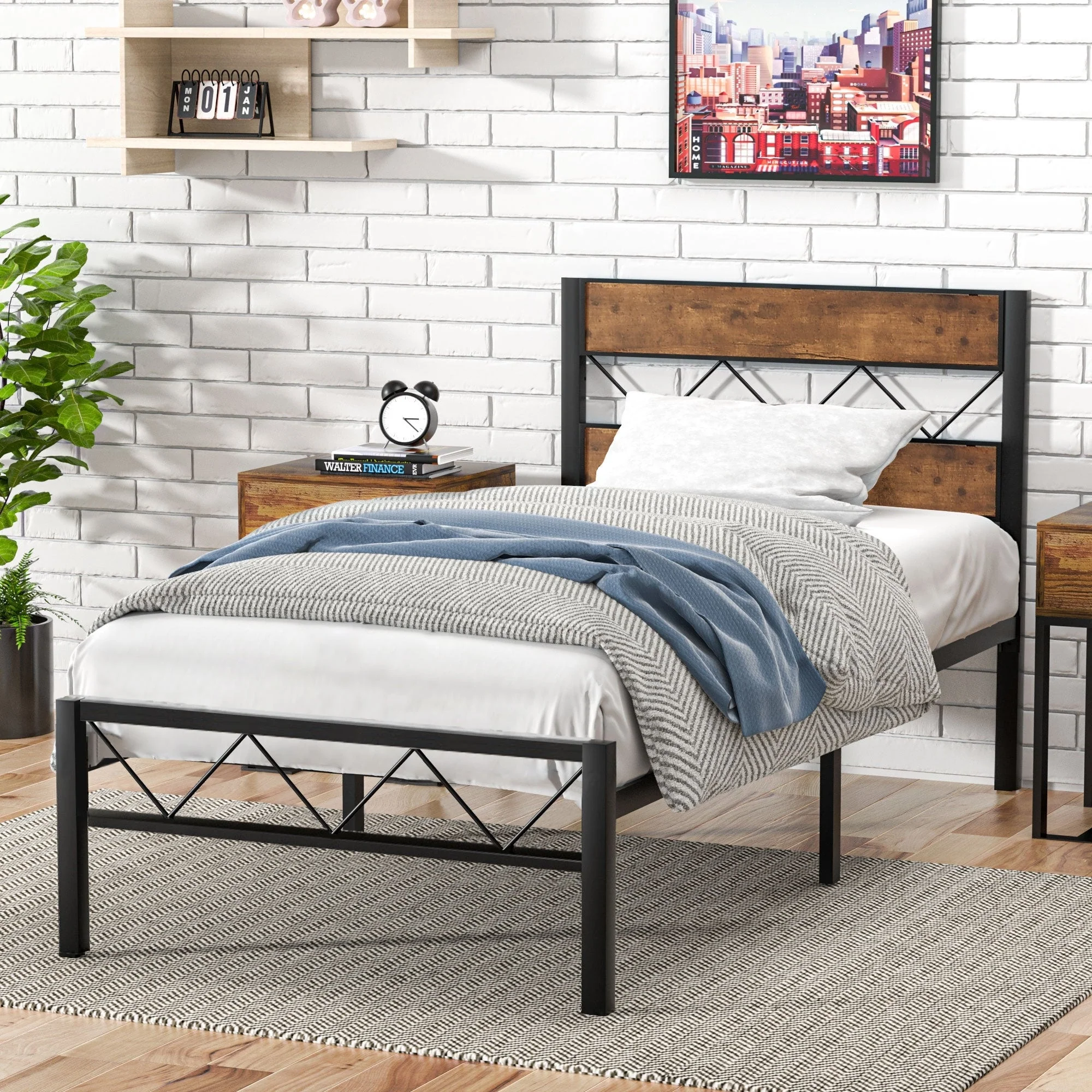 Metal Bed Frame with Brown Wooden Headboard, No Box Spring Needed
