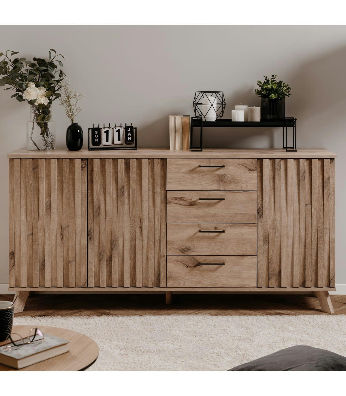 OPOLE - Buffet 3 portes et 4 tiroirs effet bois - L175 x H85 cm