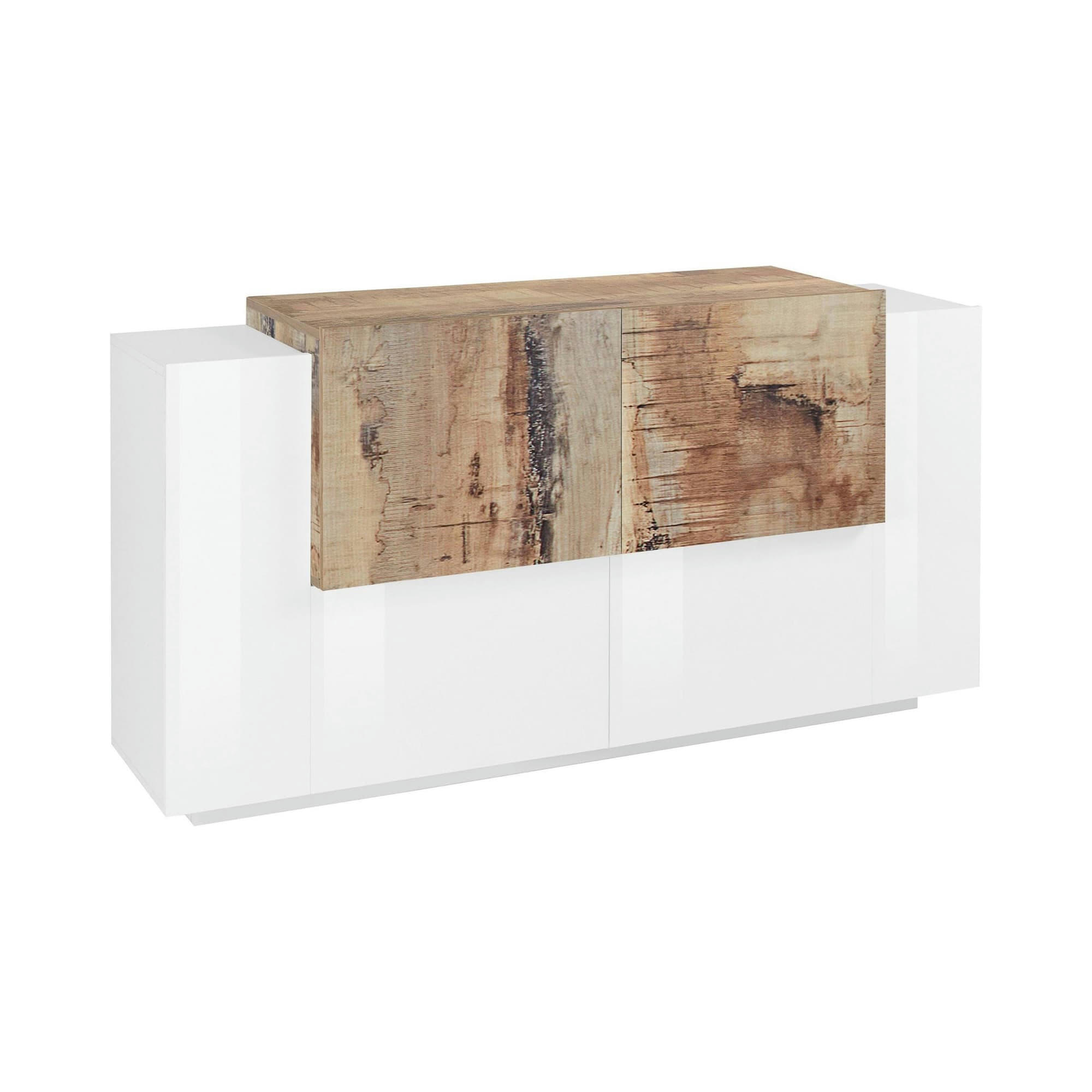 OMERO - Buffet avec 4 portes effet bois blanc brillant et érable