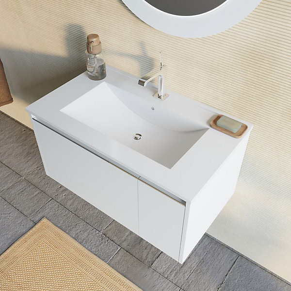 Aménagement De Salle De Bain Suspendu 80 Cm Blanc Mat Avec Miroir Rond À Led - Monaco