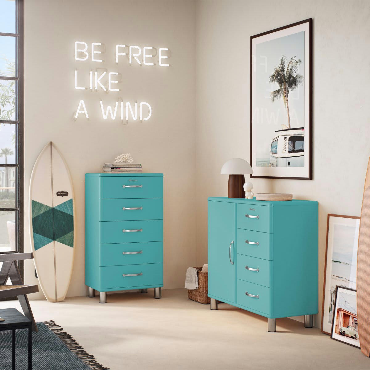 MALIBU - Commode 5 tiroirs style rétro bleu