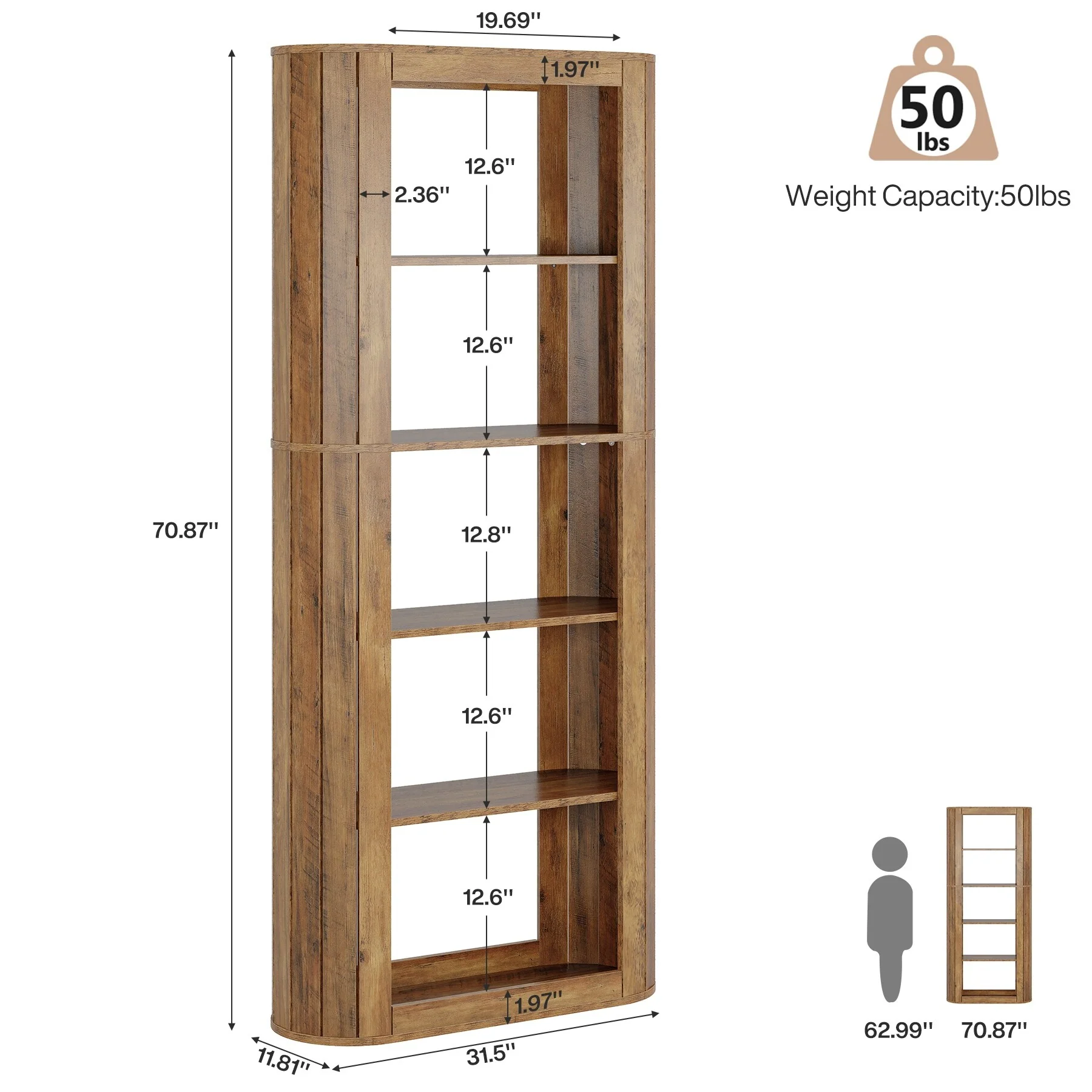 70.9 Tall Bookcase, 5-Tier Floor Standing Open Bookshelves Storage Cabinet, Brown - Large