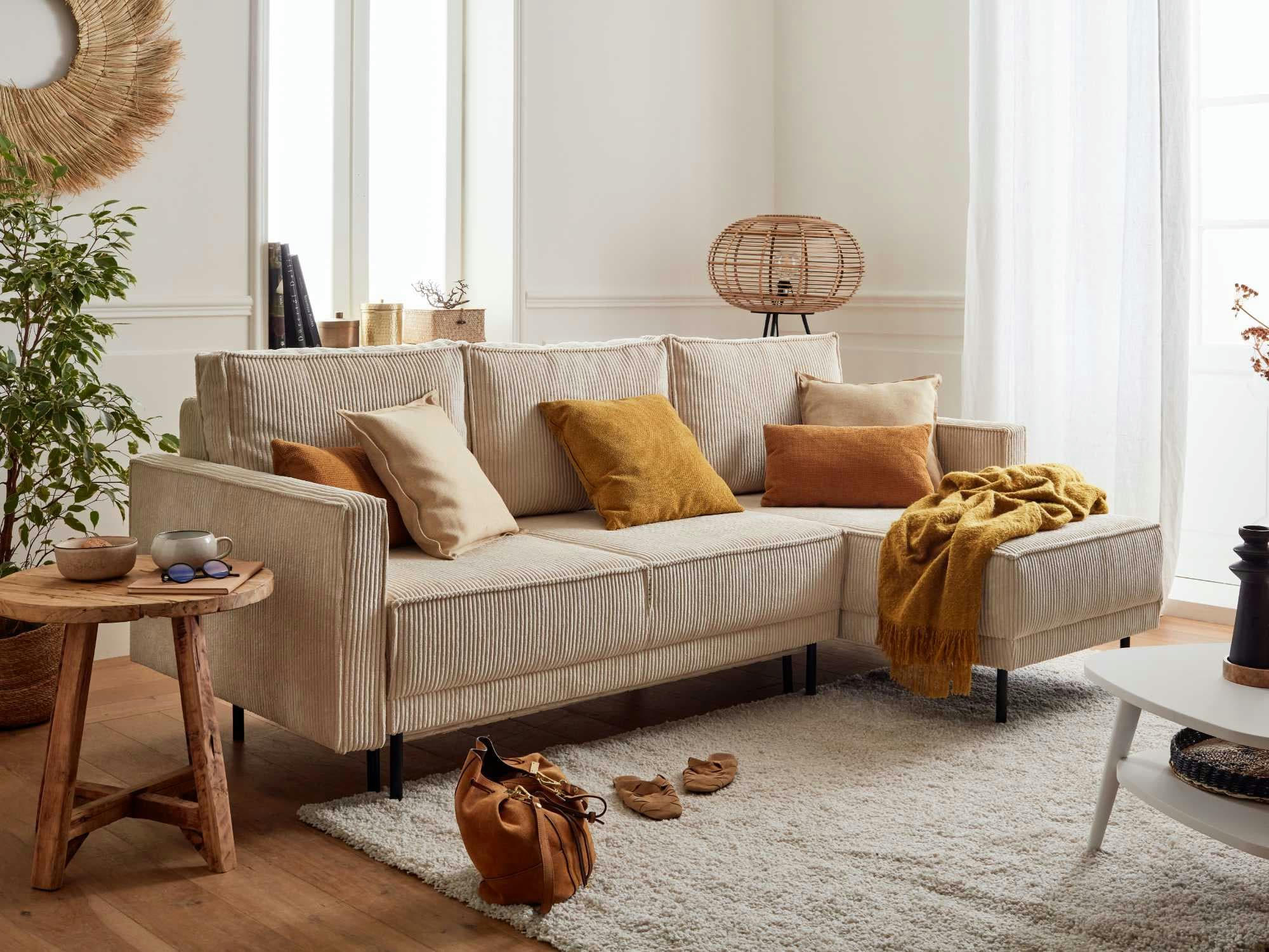 CHARLIE - Canapé d'angle réversible convertible 4 places en velours côtelé beige