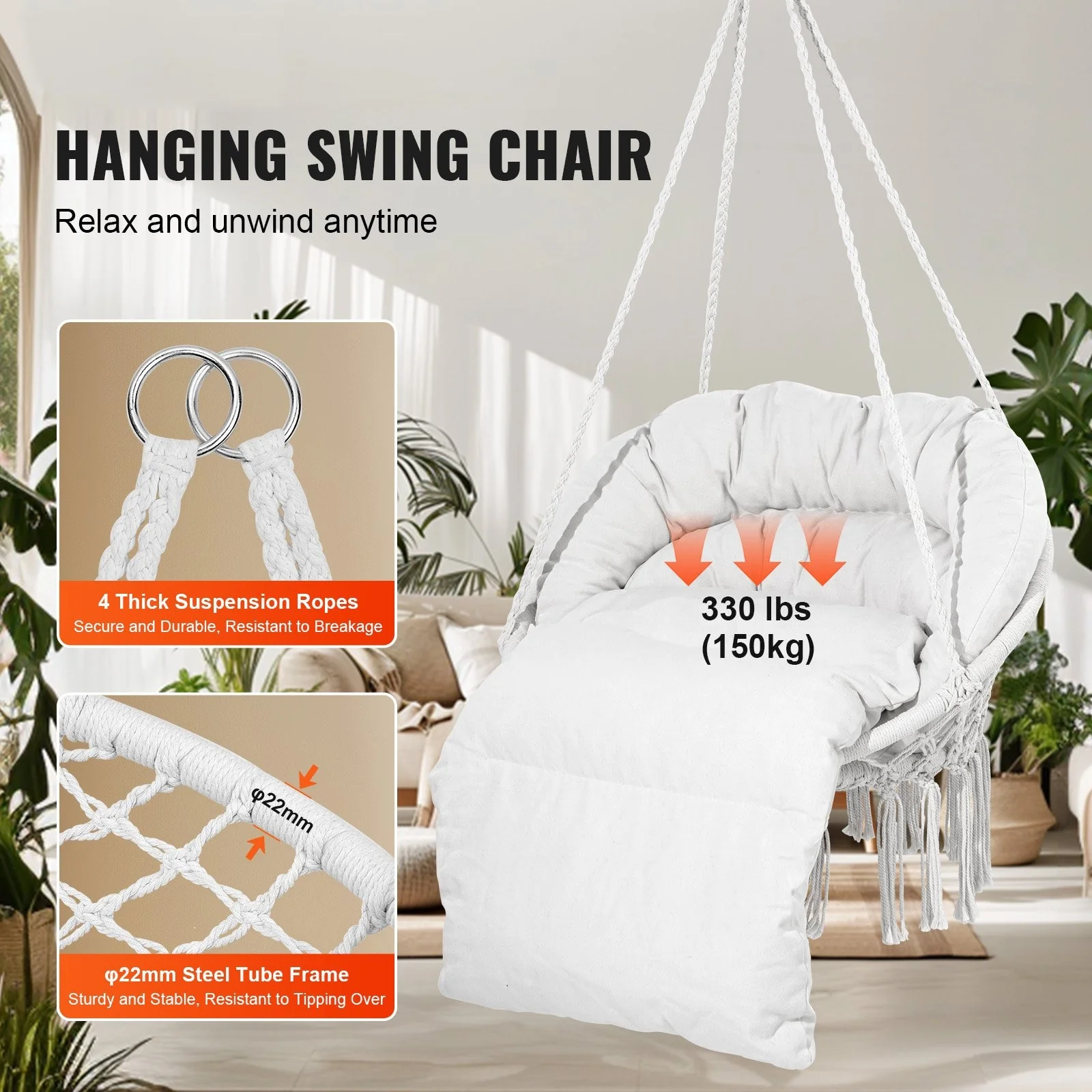 Hanging Hammock Chair with Cushion Macrame Swing for Indoor Outdoor Use - 31.5 x 24.6 x 31.5 Inch