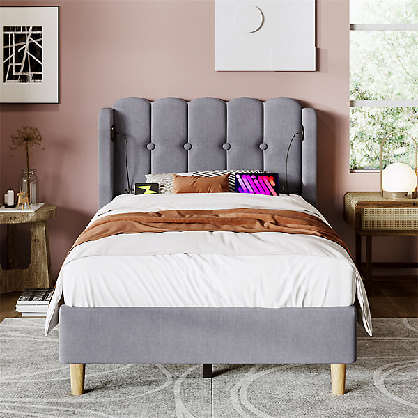 Lit adulte lit 90x200 cm lit rembourré avec fonction de charge usb type c Single lin gris