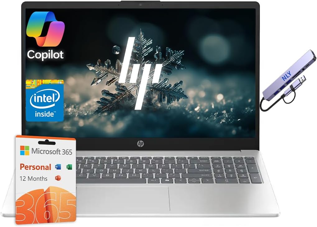 HP 15.6 Business & Student Laptop Computer with Microsoft Office 365  Intel Quad-Core Processor  Windows 11 Laptop 32GB RAM 640GB Storage (128GB UFS+512GB Docking Set)  Numeric Keypad  Natural Silver