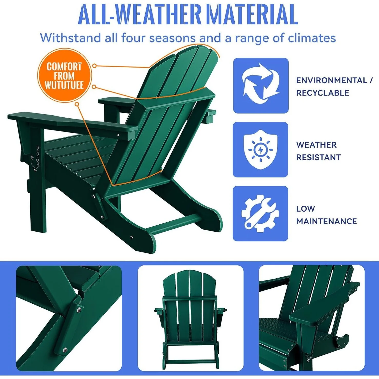 Folding Adirondack Chair, Relaxing Stackable Arm Rest Ergonomic Hdpe All-Weather Adirondack Chair