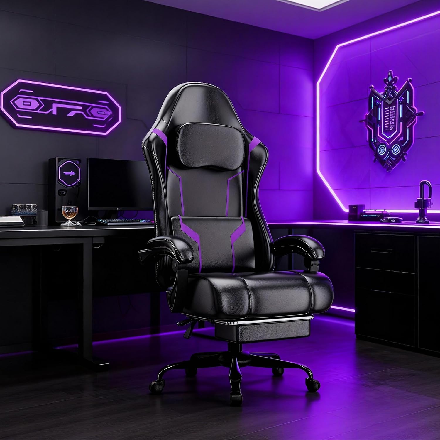 Ergonomic Gaming Chair, Video Game Chair with Pocket Spring Cushion and Footrest, Height Adjustable Computer Chair with Swivel Seat and Headrest (Purple)