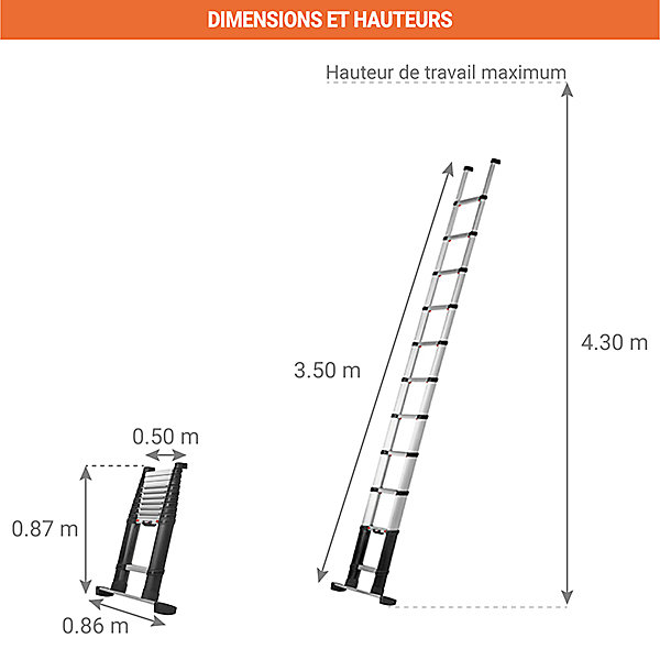 Echelle télescopique 3.50m avec barre stabilisatrice - Marches larges - 11 marches 80 mm - Hauteur de travail max. 4.30m -