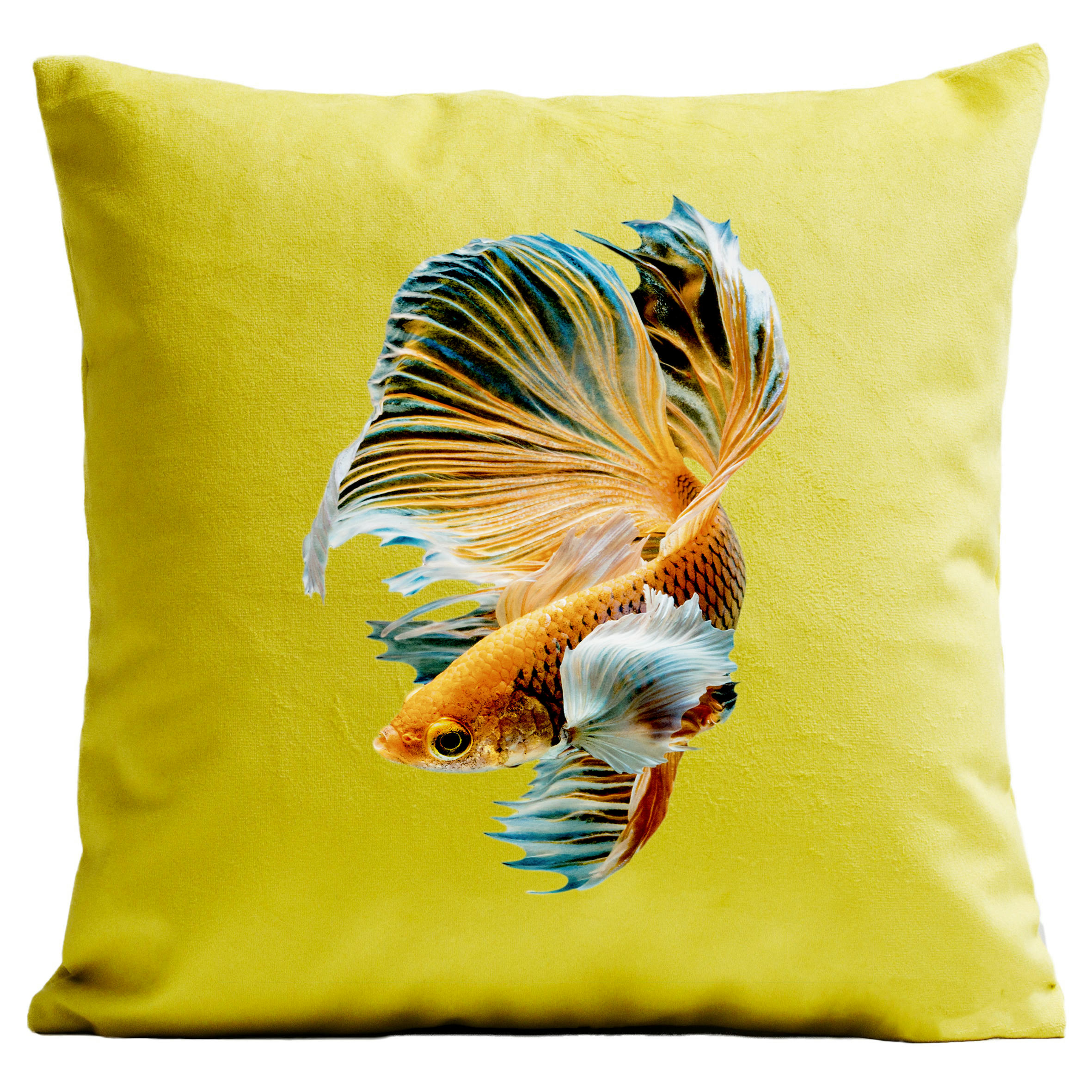 - Coussin poisson suédine jaune 40x40cm