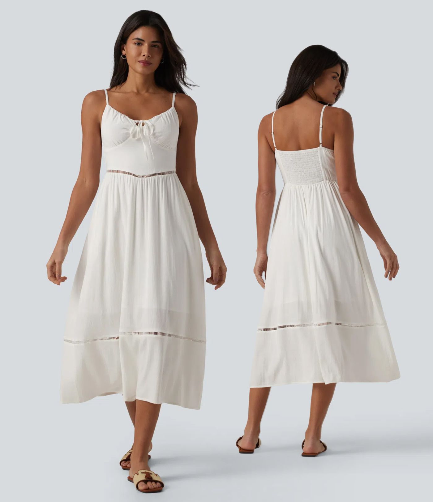 Robe nuisette midi aspect lin avec nœud devant, découpes et poches