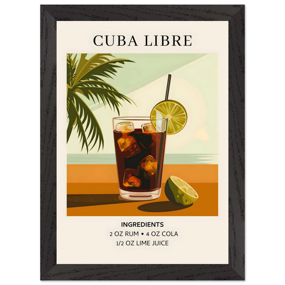 Artfulprints Poster met Lijst Cuba Libre cocktail - Ingrediënten  - A4 21x29.7 cm - Bruin