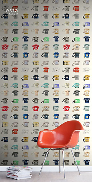 ESTAhome papier peint intissé XXL téléphones rétros beige, gris, rouge et bleu 50 x 900 cm