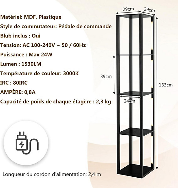 Lampadaire étagères 4 Niveaux avec 3 Luminosités Réglable Poteaux LED Rotatifs Style Moderne