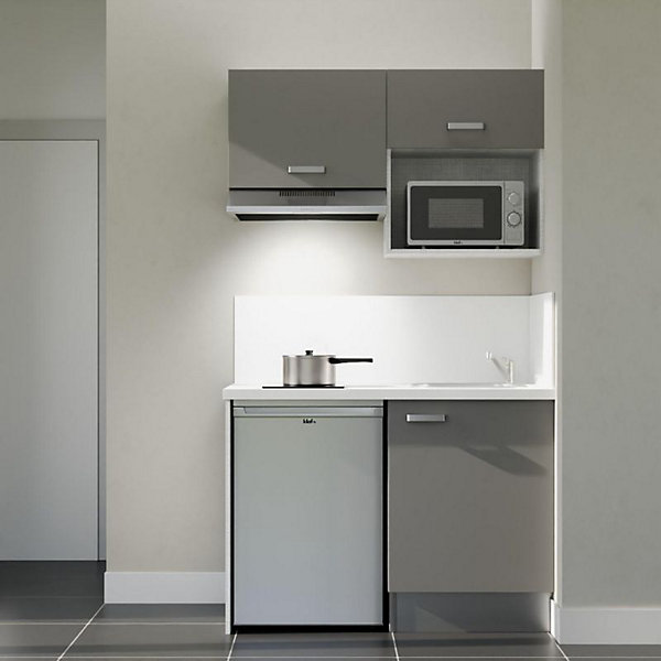Kitchenette K02 façades Gris - Plan de travail Blanc - Crédences : Oui - Evier inox - Electroménager Inox inclus