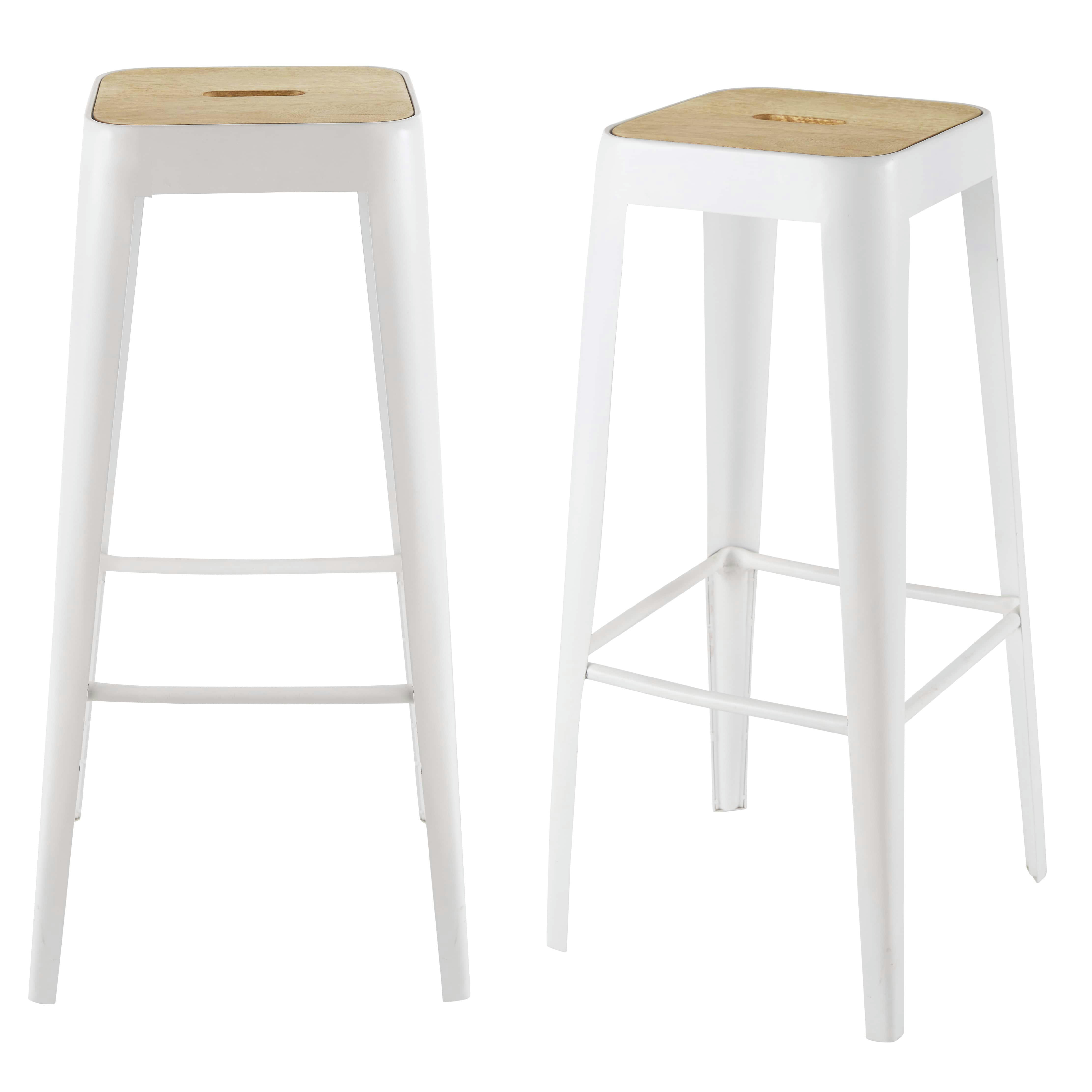 Manufacture Business - Tabourets de bar industriels professionnels en bois de manguier et métal blanc H79 (x2)
