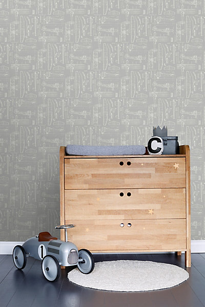 ESTAhome papier peint dessins de construction d'avions taupe 53 cm x 10.05 m