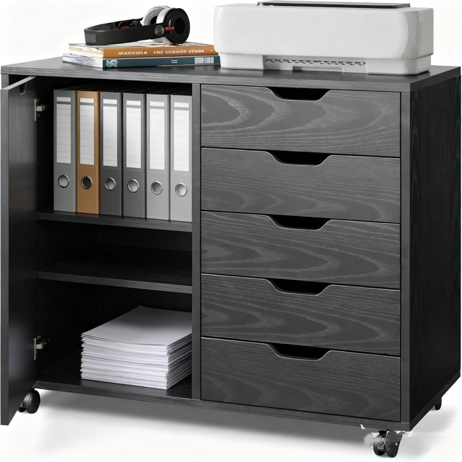 5-Drawer Wood Drawer Cabinet, Office Storage Cabinet with Adjustable Shelf & Wheels, Printer Stand for Home Office, Black, 15.7 D x 30.7 W x 25.4 H
