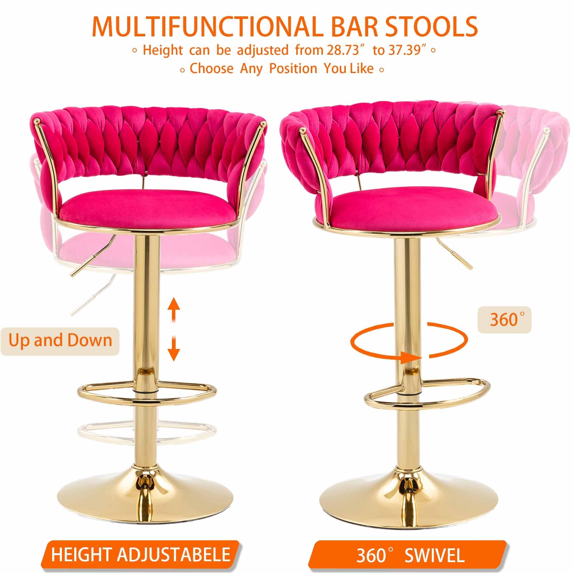 Toweling Fabric Adjustable Height Armless Bar Stools With Golden Footrest(set of 2)