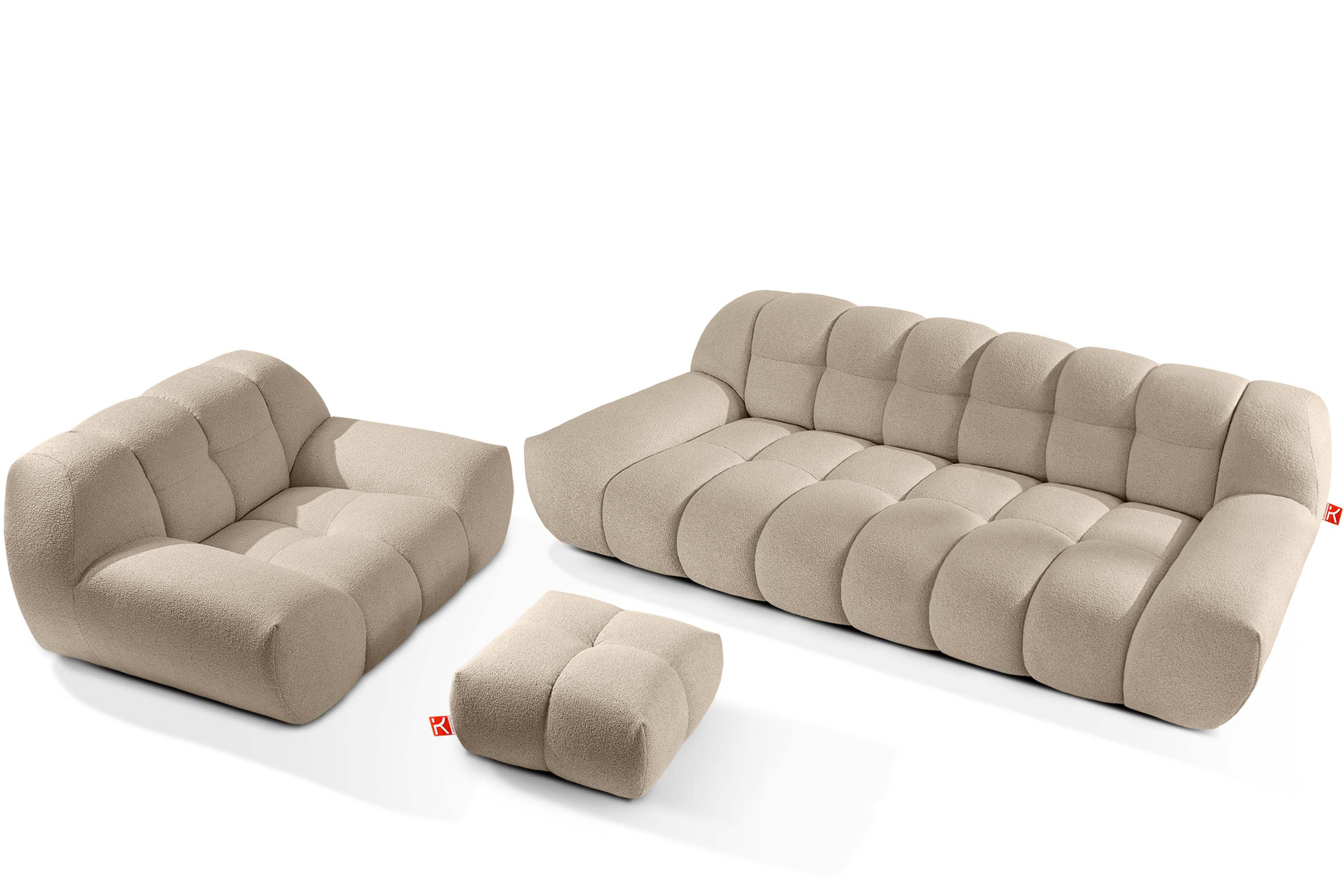 KONSIMO VENA Zestaw mebli sofa 3os. fotel i puf, japandi, tkanina boucle