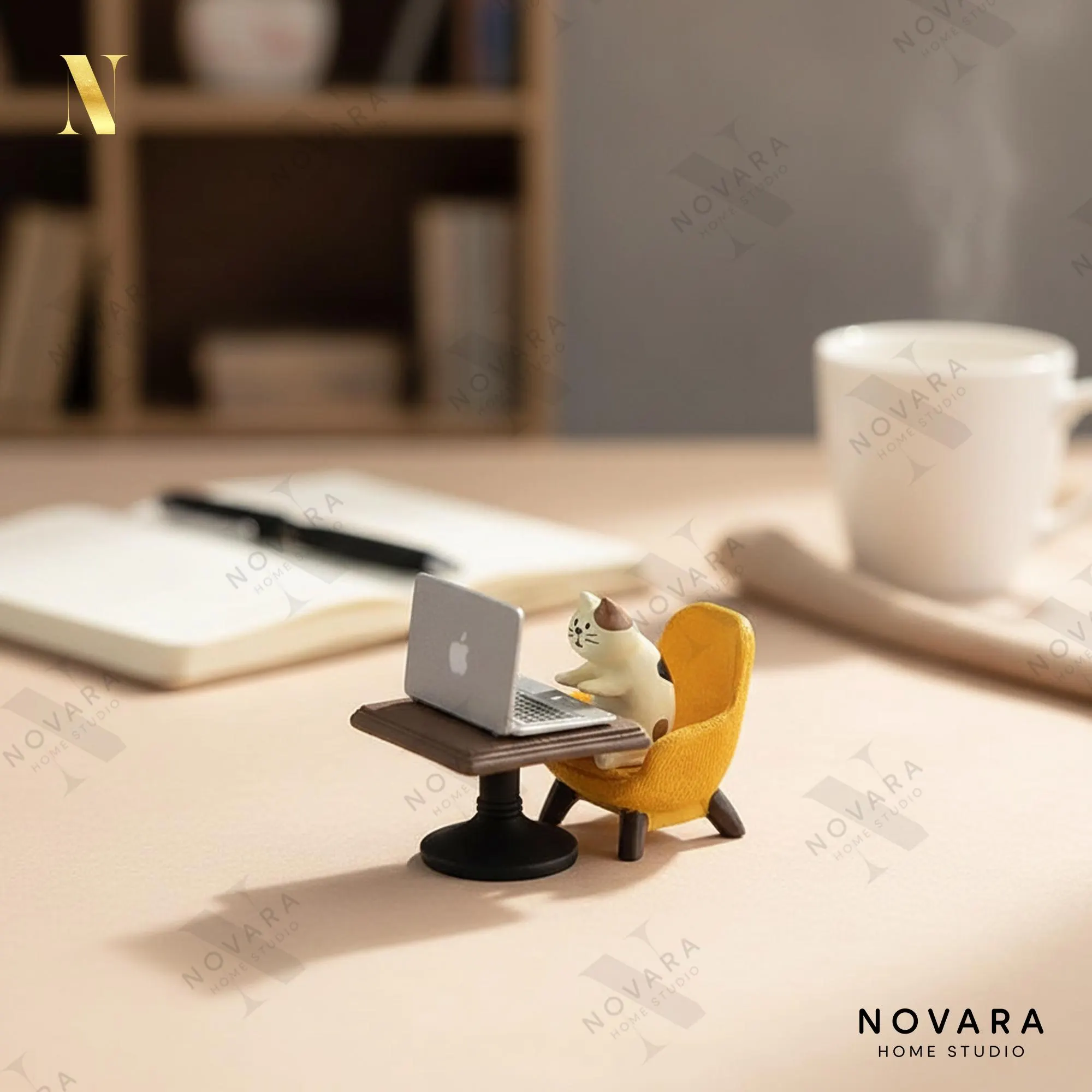 Cute Cat Laptop Figurine, Work From Home Desk Decor, Miniature Office Cat, Funny WFH Gift, Small Desk Accessory for Cat Lovers.