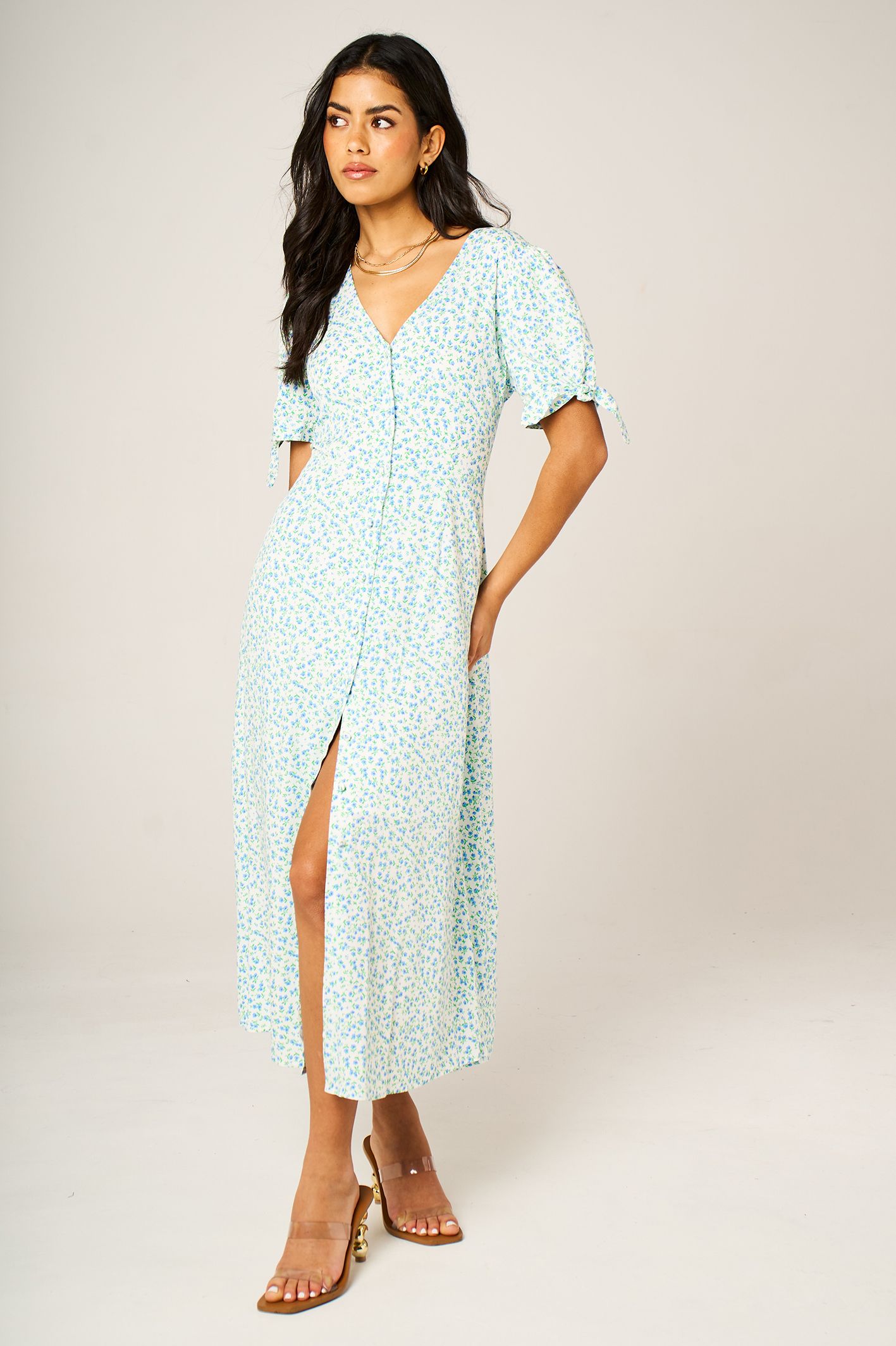 FS Collection Tie Sleeve Button-Front Midi Dress in Blue Ditsy Floral