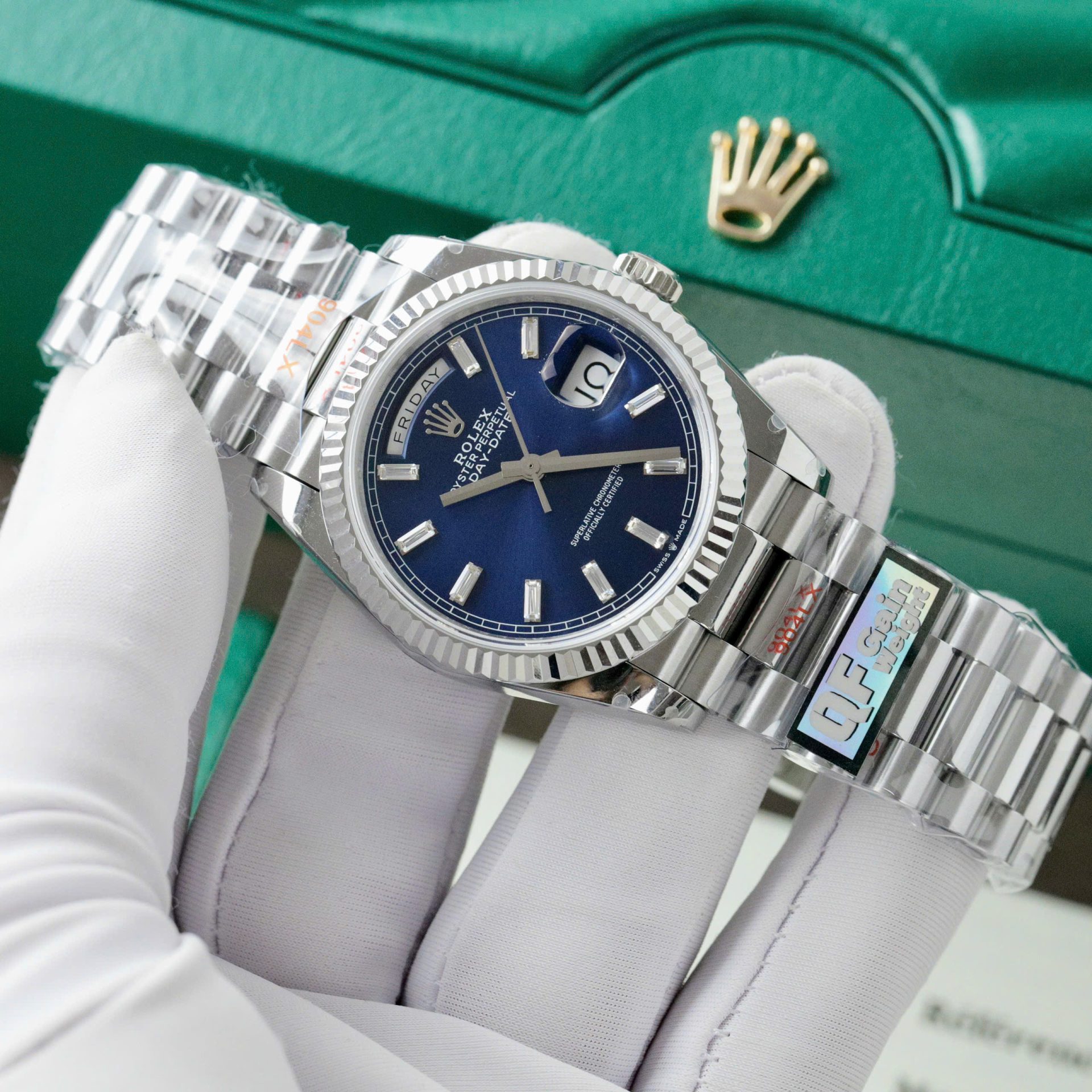 Rolex Day-Date 128236 904L Steel Blue Dial CZ Diamonds 36mm Super Clone