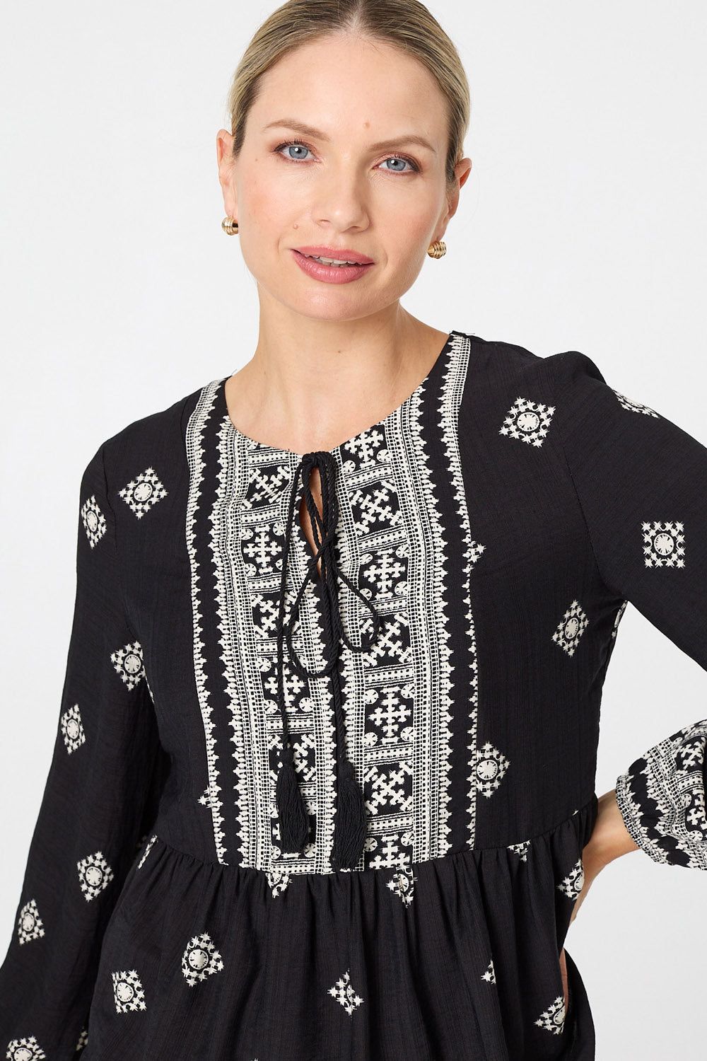 Izabel London Border Print Long Sleeve Tassel Blouse
