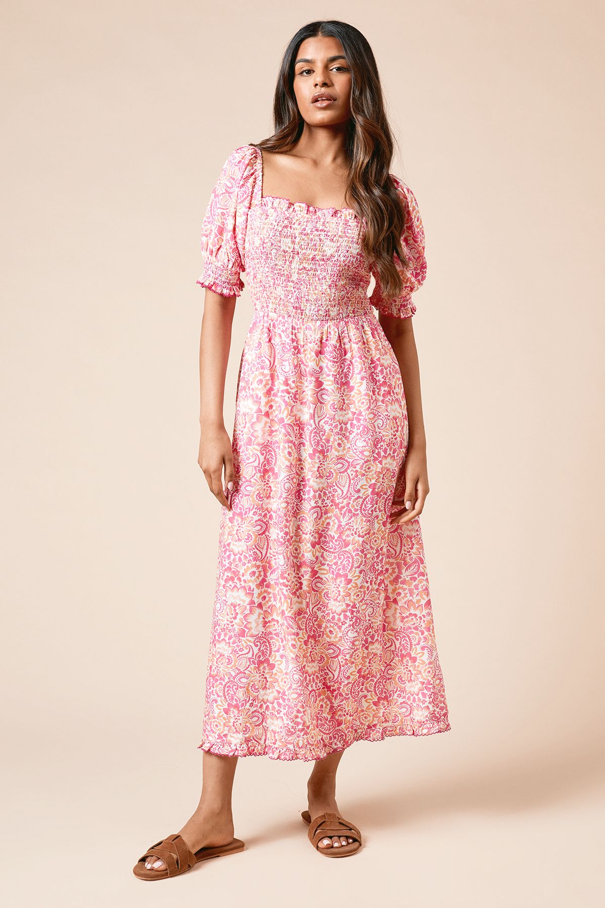 Dorothy Perkins Petite Pink Shirred Bodice Trim Detail Midaxi Dress