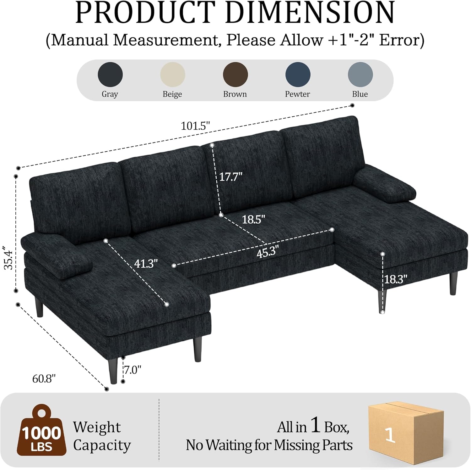 Korser U-Shaped Sectional Couches for Living Room, 101 Inch Modern Modular Sofa with Double Chaise Lounge, Comfy Chenille Fabric 4-Seat Couch Set for Apartment, Grey
