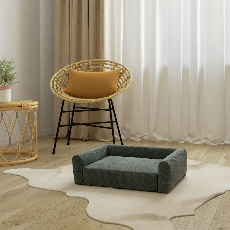 LEONARD - Panier pour chien en tissu velours côtelé vert taille s