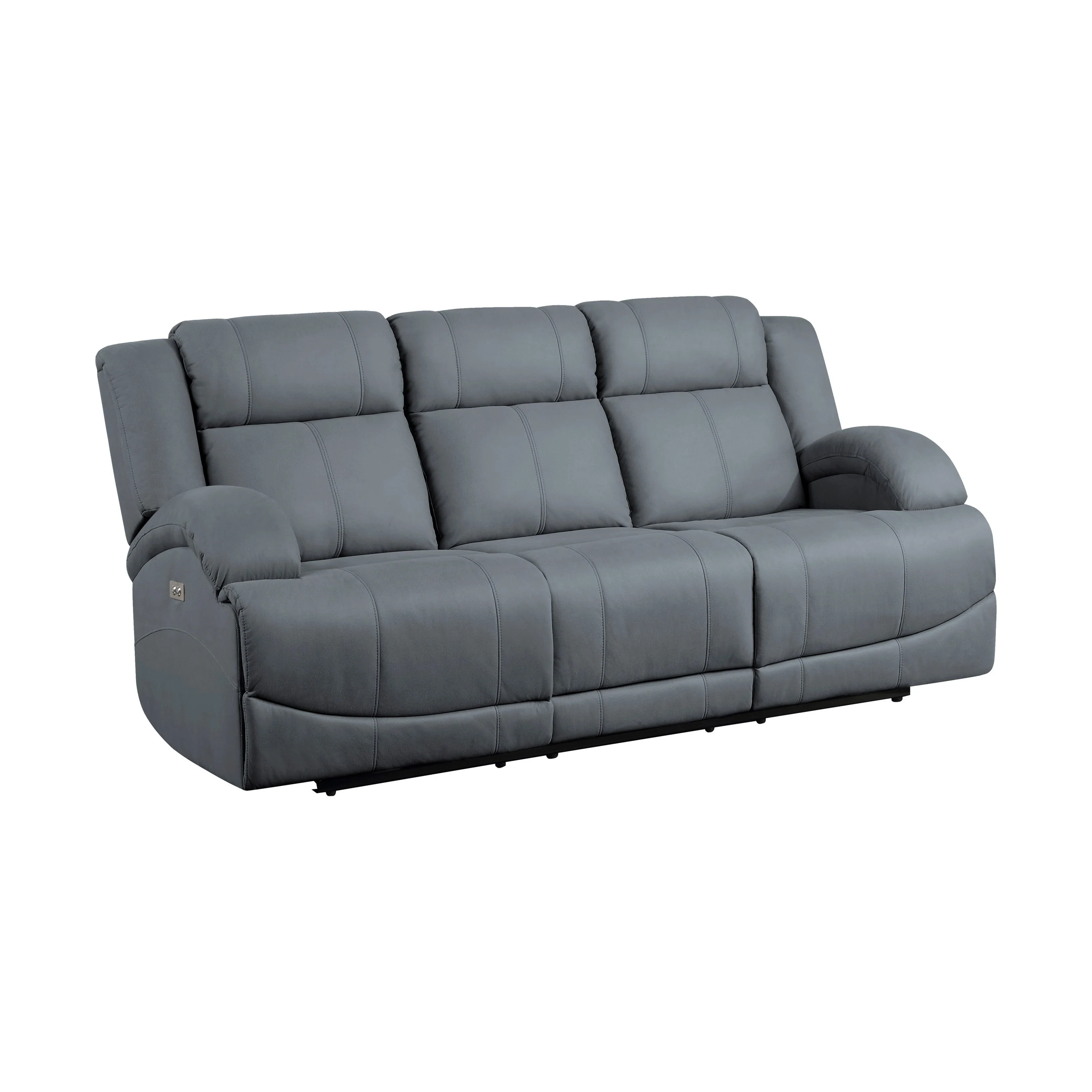 Kate 82 Inch Power Double Recliner Sofa, USB Ports, Blue Microfiber, Wood