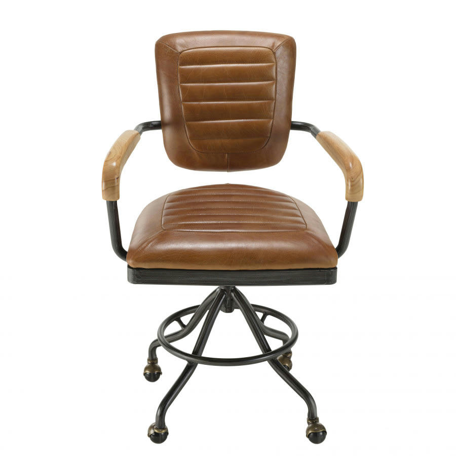 GASTON - Fauteuil vintage en cuir marron pieds en métal noir à roulettes