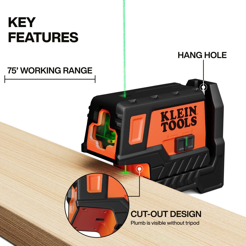 Klein Tools 93MCLPG Compact Self-Leveling Laser Level with Plumb Spot, Bright Green Cross Line, 75-Foot Range, Laser Class 2, Power Output