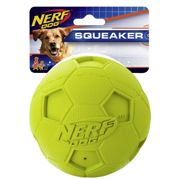 Spielball, Fussball mit Quietscher, gelb/blau/rot, Gr. L , für Hunde