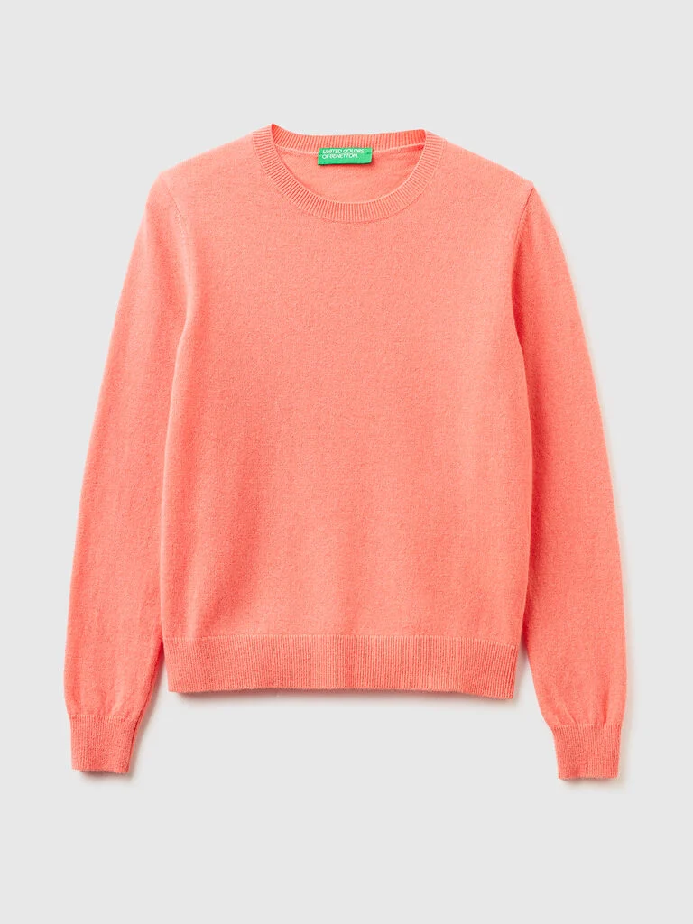 Peach crew neck sweater in pure Merino wool