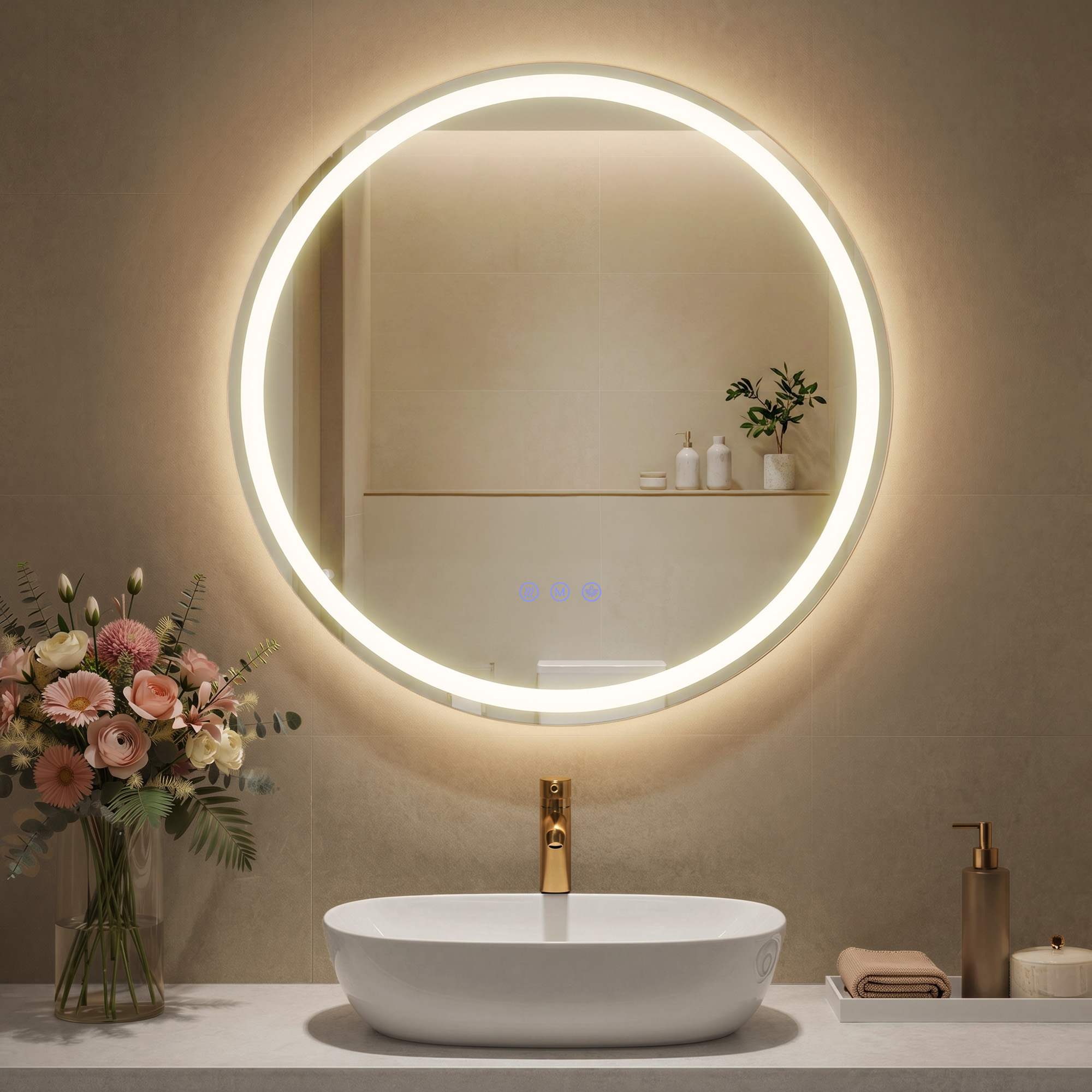 Miroir mural rond de salle de bains avec éclairage LED, anti-buée