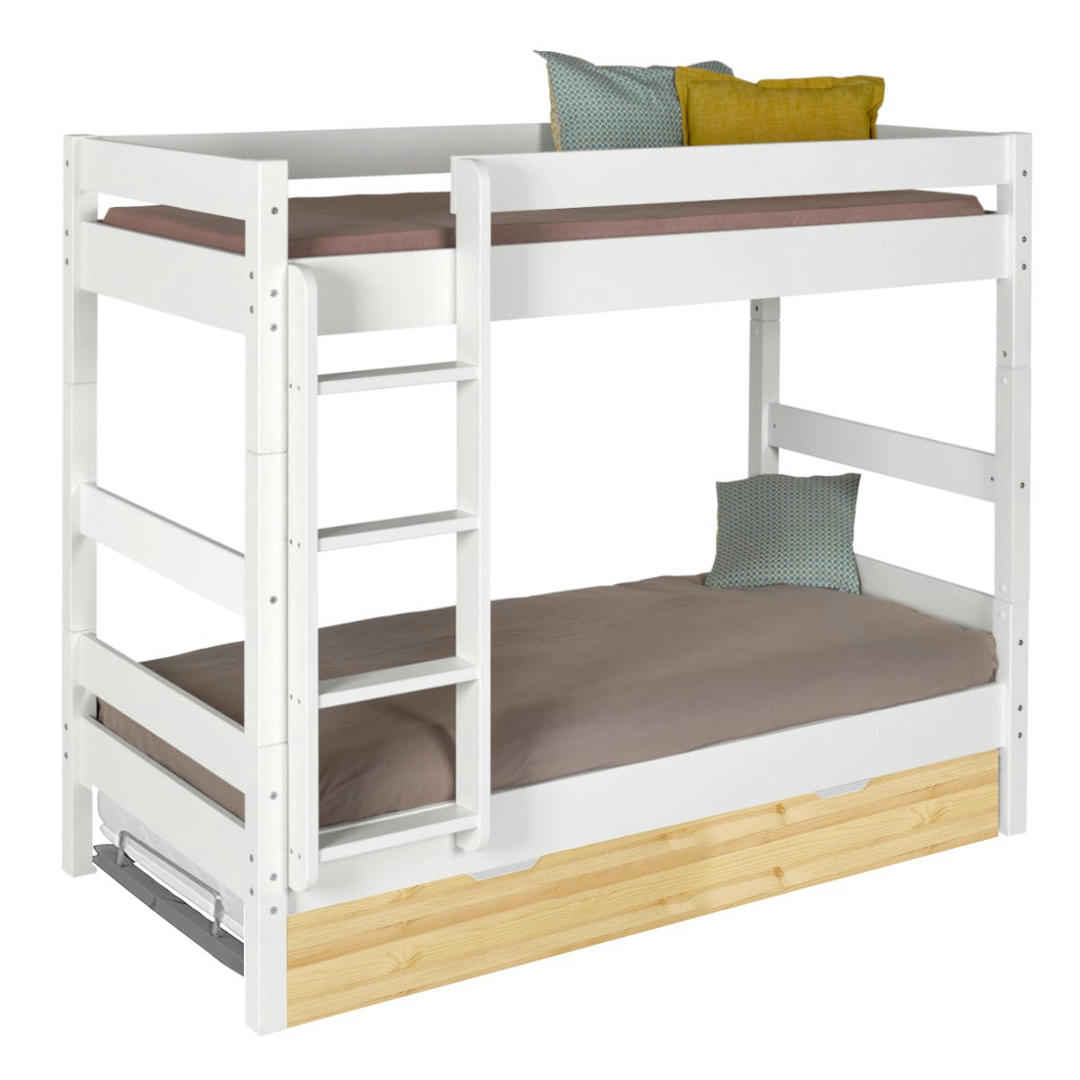 AARON - Lit superposé avec sommier gigogne 80x190 cm bois massif blanc et bois