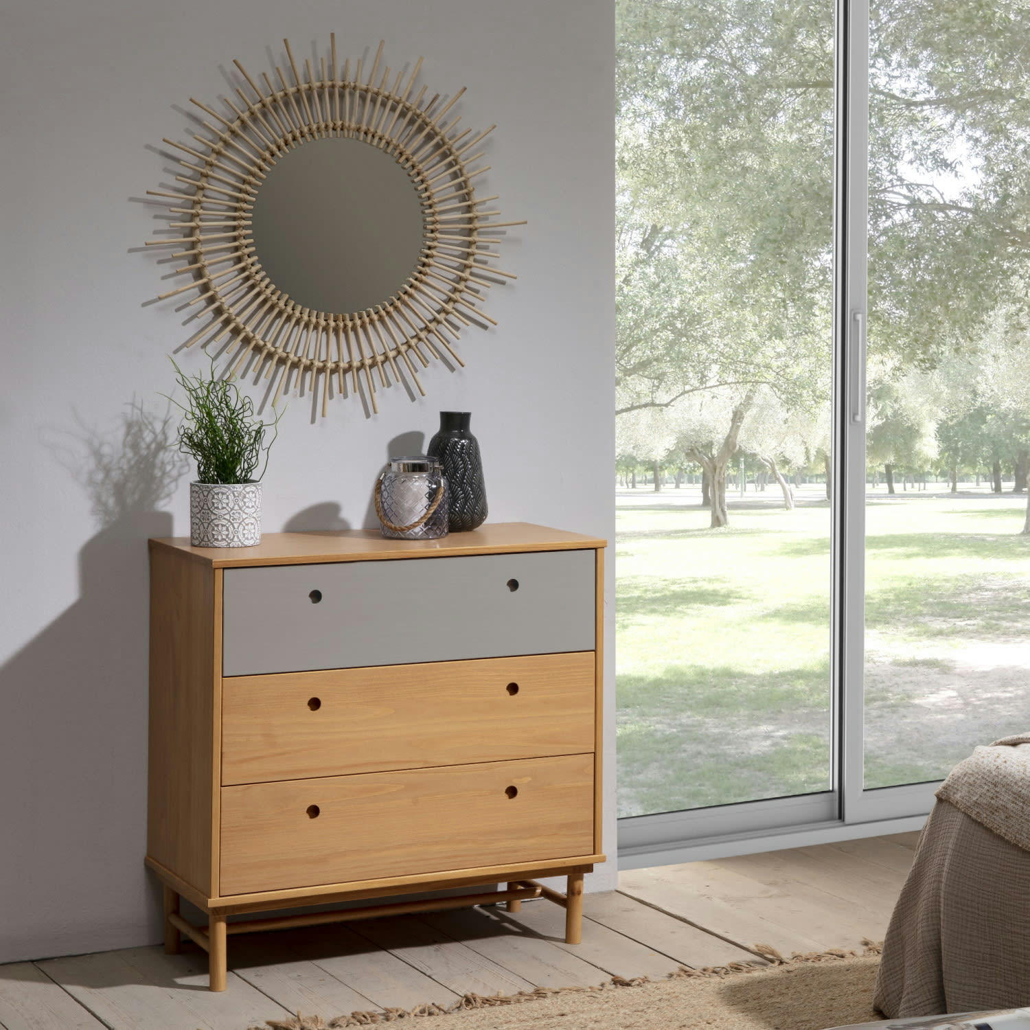 MAGNUS - Commode de nuit 3 tiroirs , bois massif , 80 cm longueur