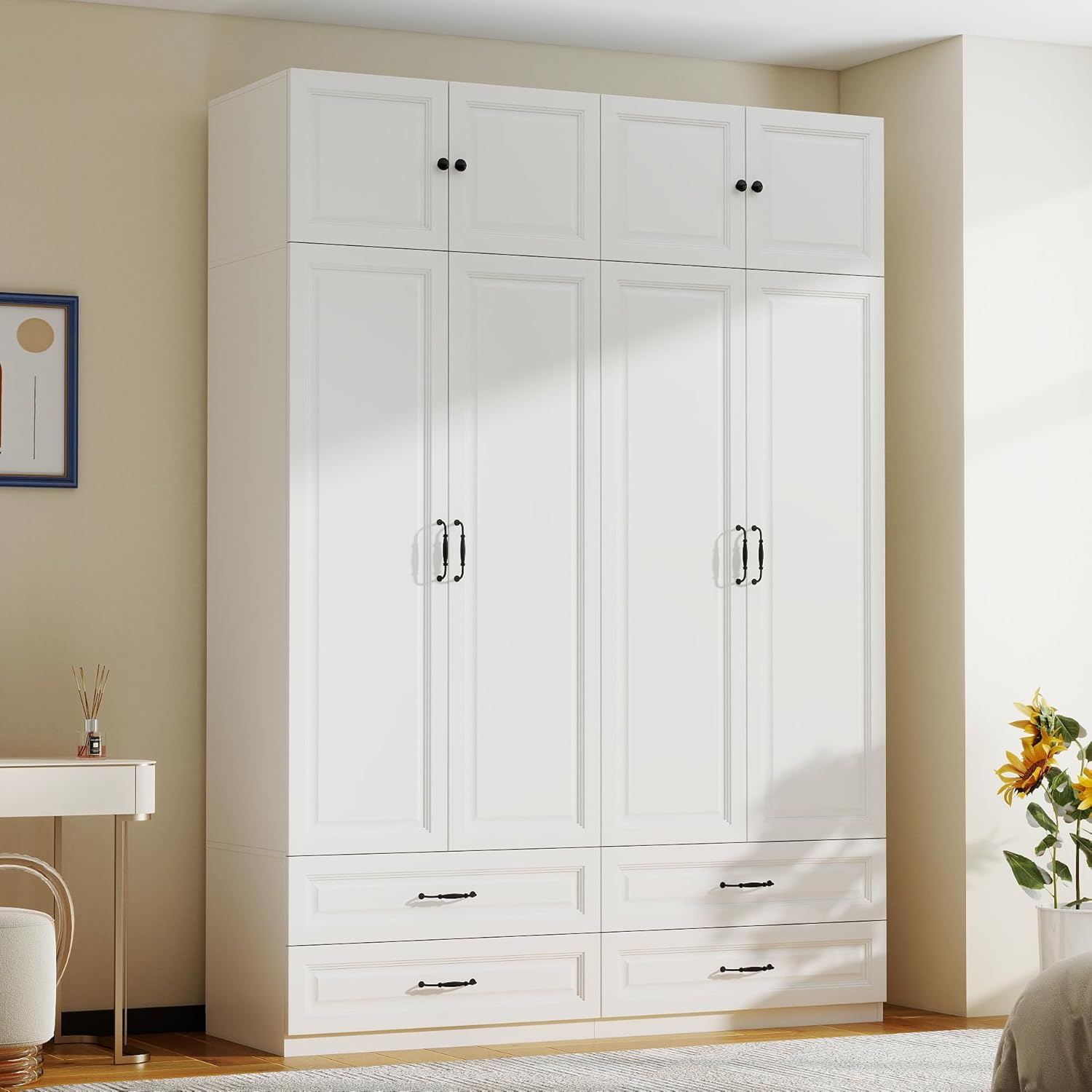 White Armoire Wardrobe Closet: 88 Extra Tall Wardrobe Closet with 4 Drawers, Bedroom Armoires with 4 Doors, Wood Large Armoire with Top Cabinet (63)