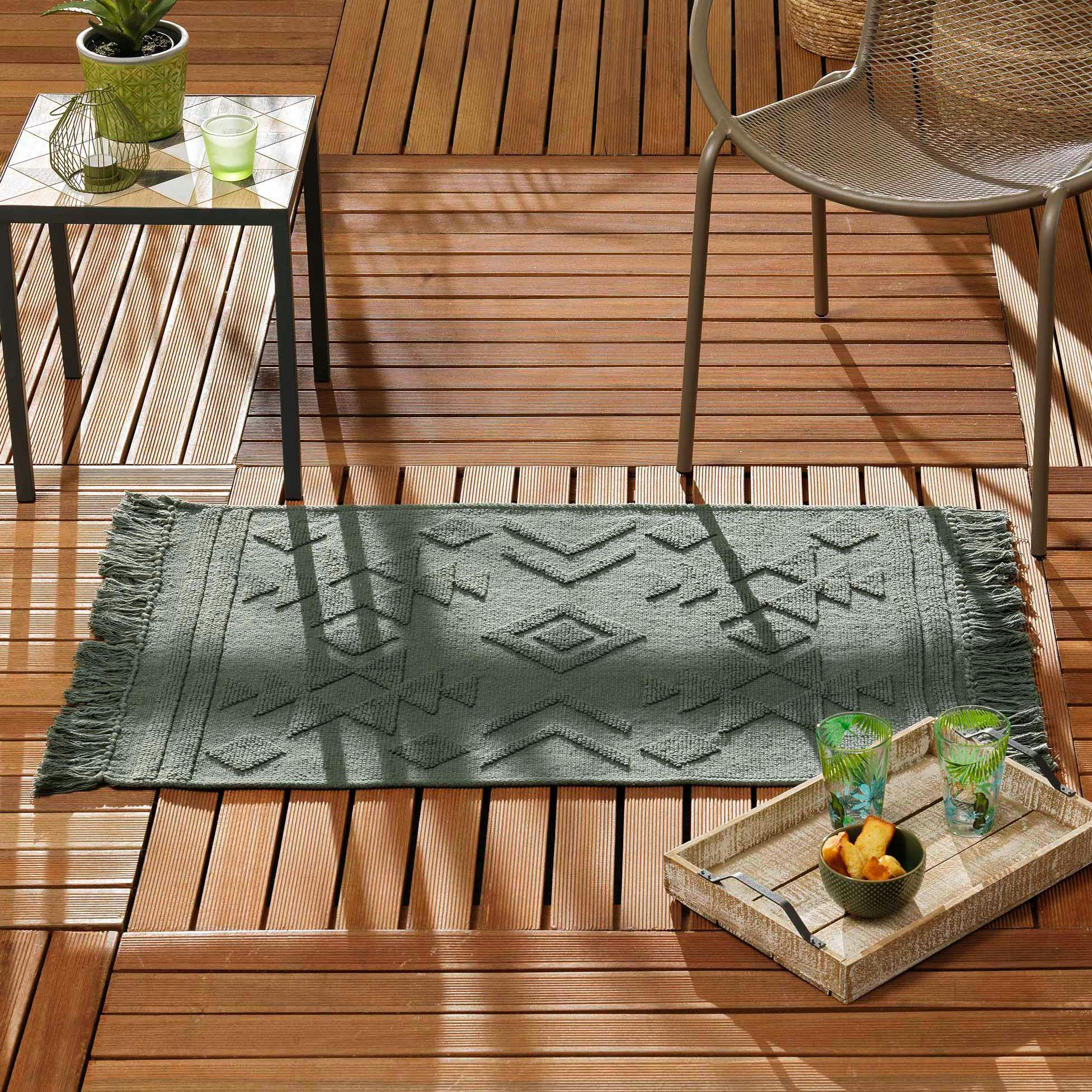 CILAOS - Tapis ethno bohème à franges coton kaki 90x60cm