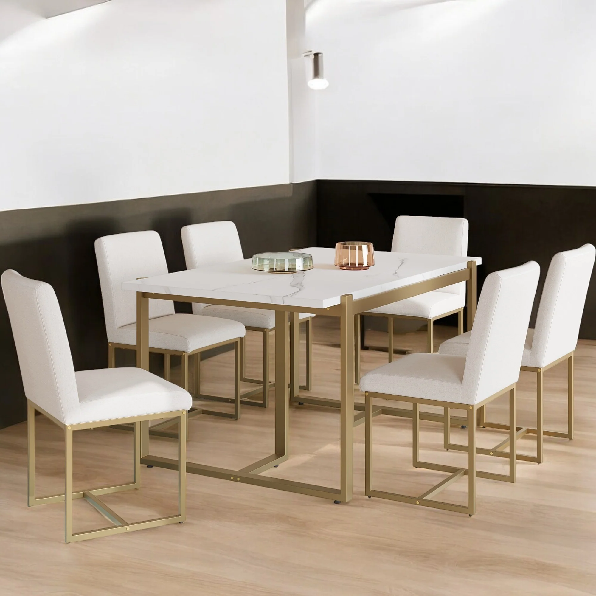 7-Piece Modern Faux Marble Dining Table Set with 6 Upholstered Chairs - Iron Frame & Space-Saving Design for Dining Room