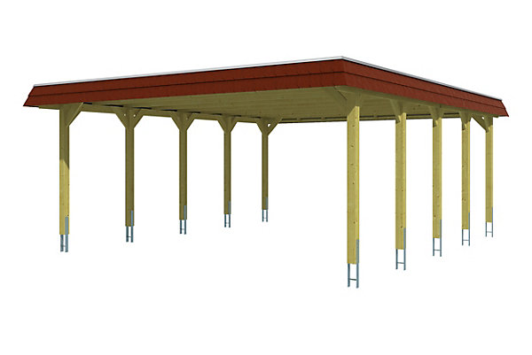 Carport SKAN HOLZ Spreewald 585x741cm, planches de toit et EPDM, bandeau rouge, bois résineux imprégné vert