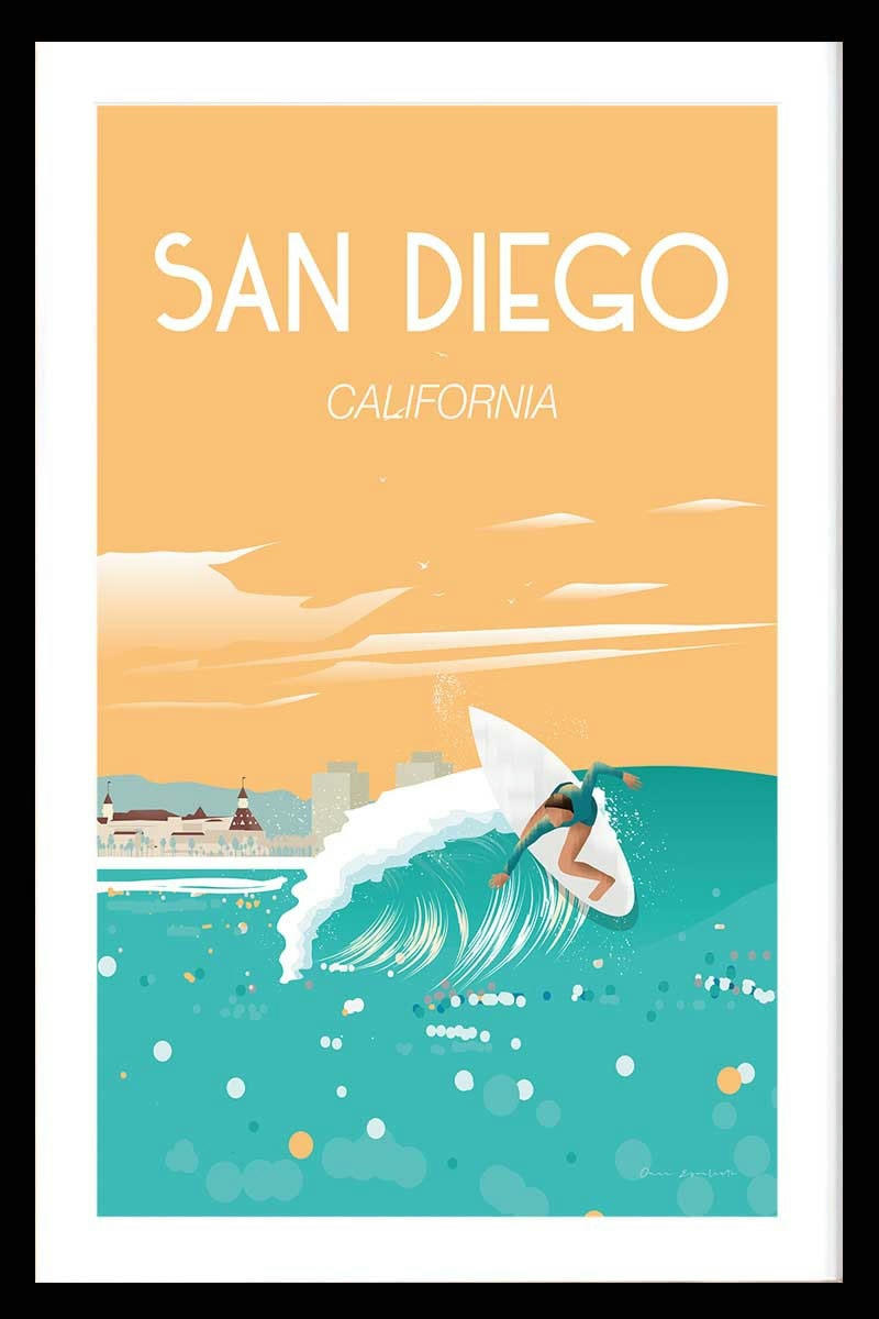 - Affiche ville voyage San Diego California avec cadre noir 20x30cm