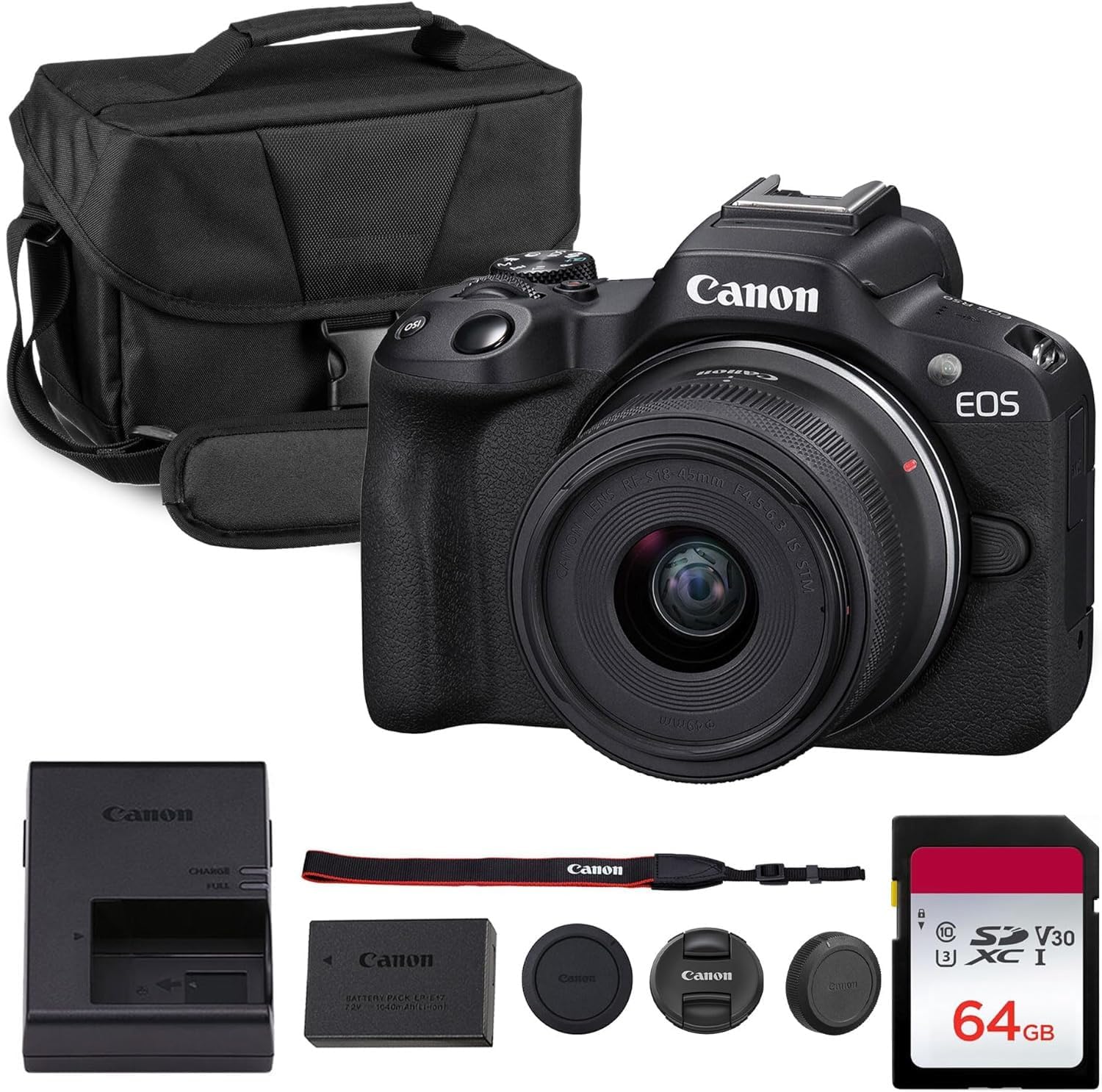 Canon EOS R50 Mirrorless Camera Kit – APS-C RF Camera with 18-45mm Lens  4K Video  Dual Pixel AF II & Vari-Angle Touchscreen (5811C012) + Shoulder Bag + 64GB Memory Card