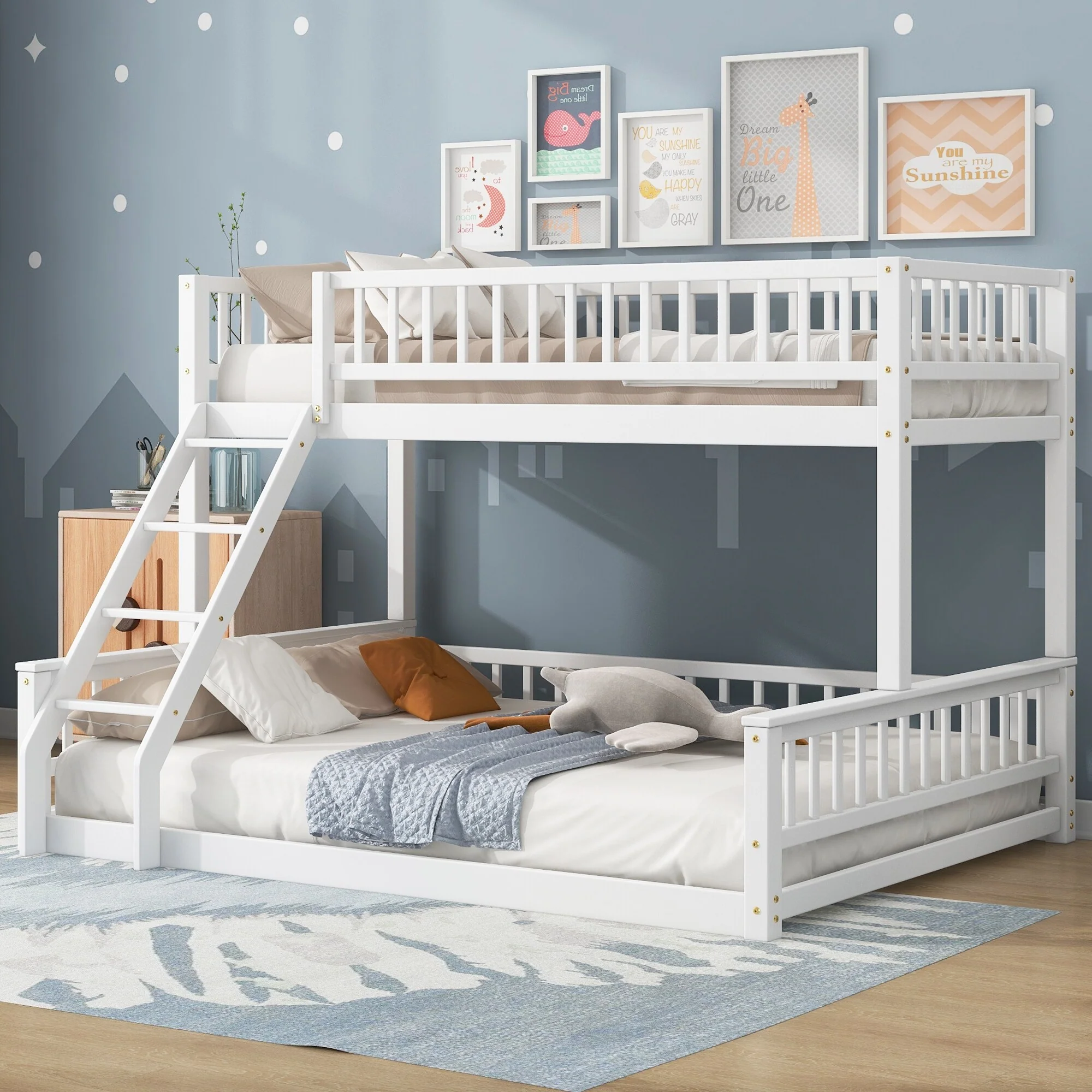 Wood Bunk Bed Twin XL over Queen Pine Bed Frame, Detachable Bunk Bed with Safety Guardrail and Ladder for Kids Teens Adults